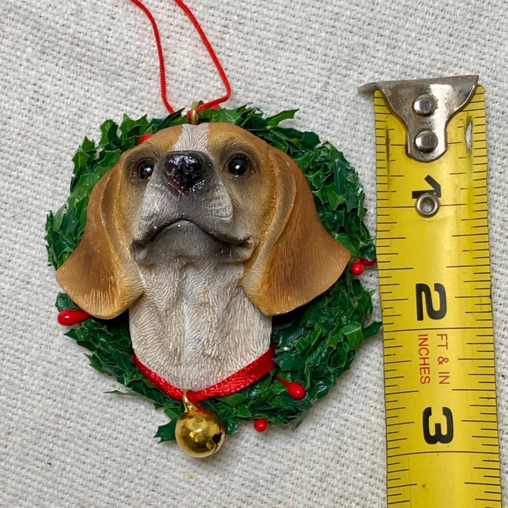 Beagle Wreath Vintage Christmas Ornament Terrier Hound Dog Carved Painted Resin - Picture 6 of 8